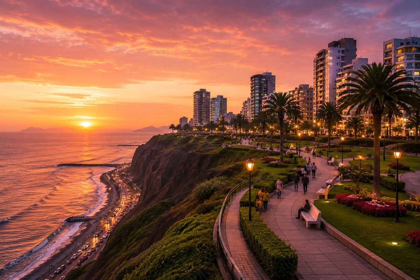 Vue du quartier de Miraflores à Lima, falaises et océan Pacifique